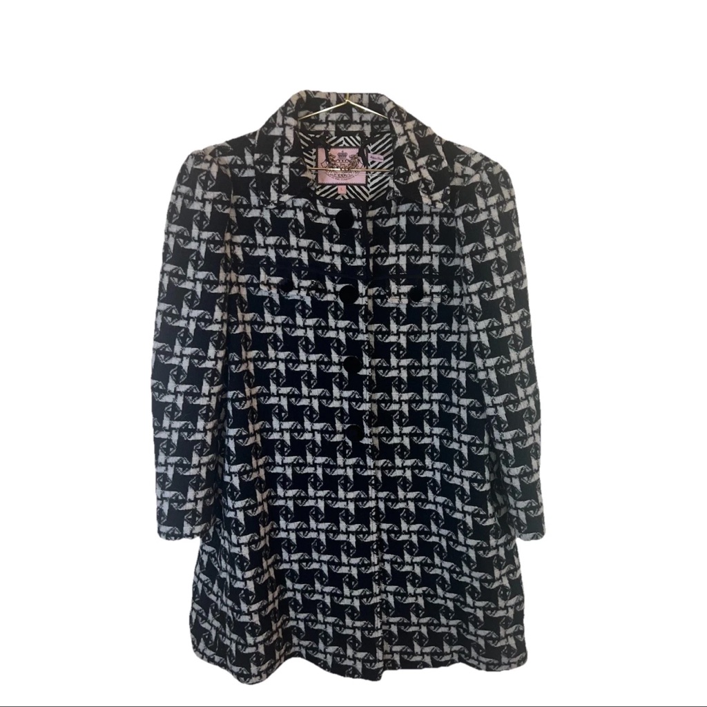 Juicy Couture Y2k Wool Houndstooth Swing Coat L Black White
